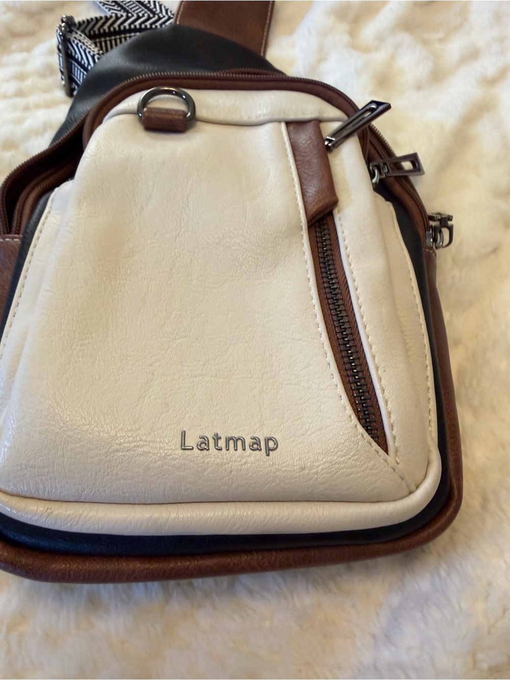Latmap Cream & Brown Leather Crossbody Sling Bag
